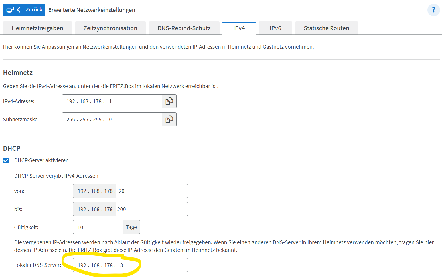 FRITZ!Box IPv4 settings: the local DNS server is set to the Raspberry Pi running Unbound