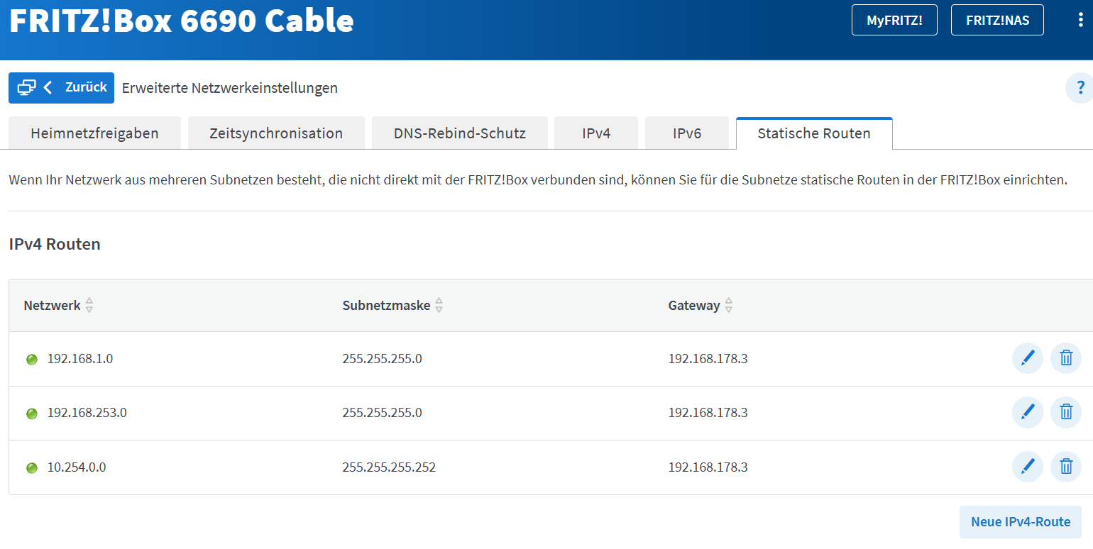 FRITZ!Box static routes pointing the networks of the Main Location at the Raspberry Pi